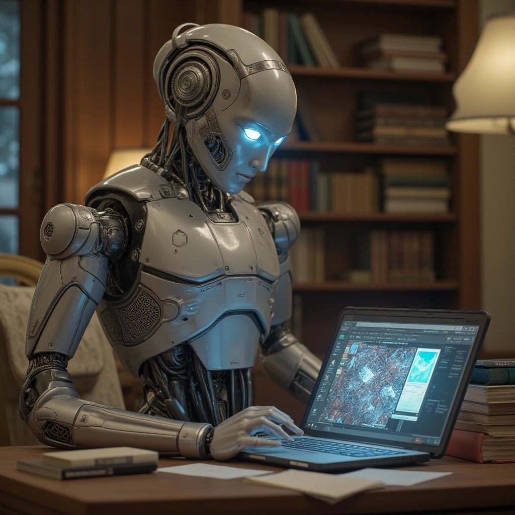 A close up of a robot sitting at a desk writing - SeaArt AI