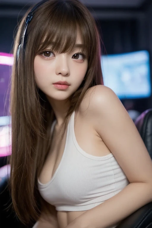 masterpiece、highest quality、16K、ultra high resolution、UHD，Depth of the bounds written、very detailed、soft light、professional lighting、Pale shading、Weak contrast、Japanese、beautiful girl、slender woman、Smooth, silky skin、clear white skin、daytime office、Window seat、sitting in front of the computer、A tight, pale pink hooded sweatshirt that hugs the breasts、(smooth and beautiful thighs:1.6）、(small breast:1.0)、flat chest、Childlike breasts、small 、small 、beautiful 、Cherry-colored 、white breast、fine and beautiful eyes、（hanging eyes）、（thin eyebrows:1.0）、（thin lips:1.0）、natural makeup、natural color lip、gentle smile、(floating hair、long wavy hair、high ponytail),(The bangs are  bangs)、from head to thighs