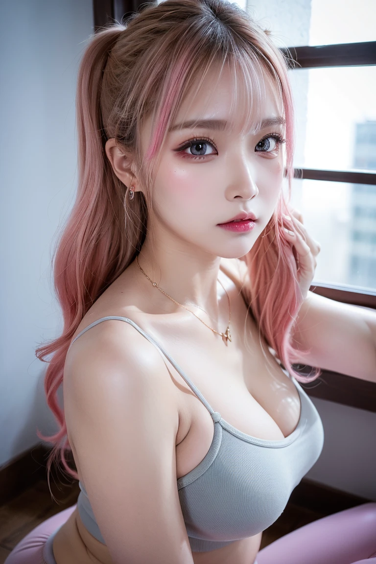(Best quality, masterpiece, detailed), (RAW, 4k, hd images), 1 girl, 17 years old, white skin, long hair, ponytail, layers hair, bangs, bright and dazzling pink hair, beautiful girl, cute girl, sweet girl, pretty girl, perfect girl, perfect body, pretty eyes, glowing pale blue eyes, thin lips, eye line, lip soft, huge breast, simple background, smile, white tshirt, full body, modeling pose, free style pose, random angle capture, cleavage