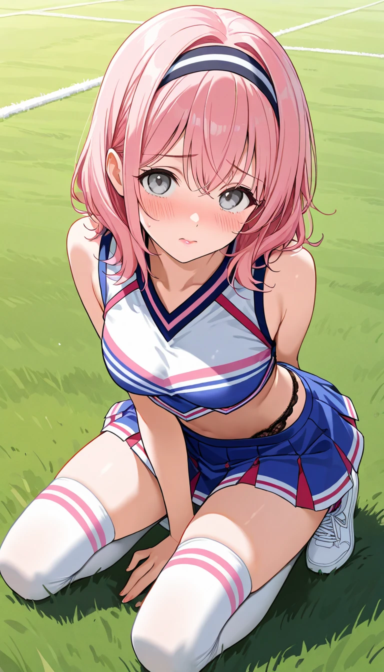 best quality, 1girl, sayori, portrait, solo, (light blush:0.5), (blush:0.2), short hair, pink hair, blue eyes, (small breasts:1.1), smile, (petite:0.5), 14 years old, (:1.8), sketch, (pink t-shirt:1.5), , hair bow, red bow, (blue skirt:1.3), ( outline:0.9), (covered :1.5), sunlight, sun beams, laying on grass, laying down, (knees up:1.5), park, surrounded by flowers, (evening setting), sweet expression, (sfw:0.7), (:1.2), happy, (white :1.4), 