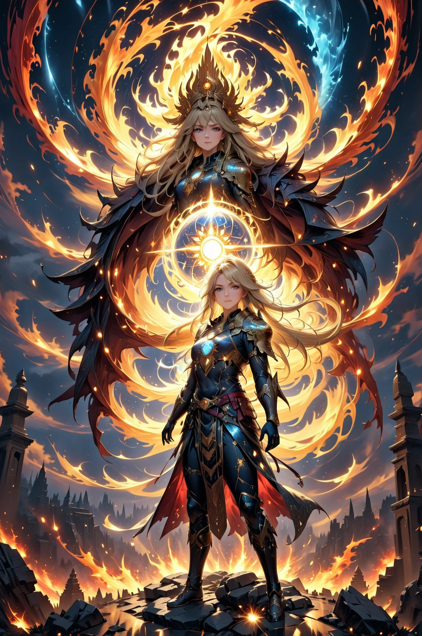 teen blonde girl , normal clothes , demigod , daughter of the sun , powerful , whole body , big  , spell , suns spell , fire spell