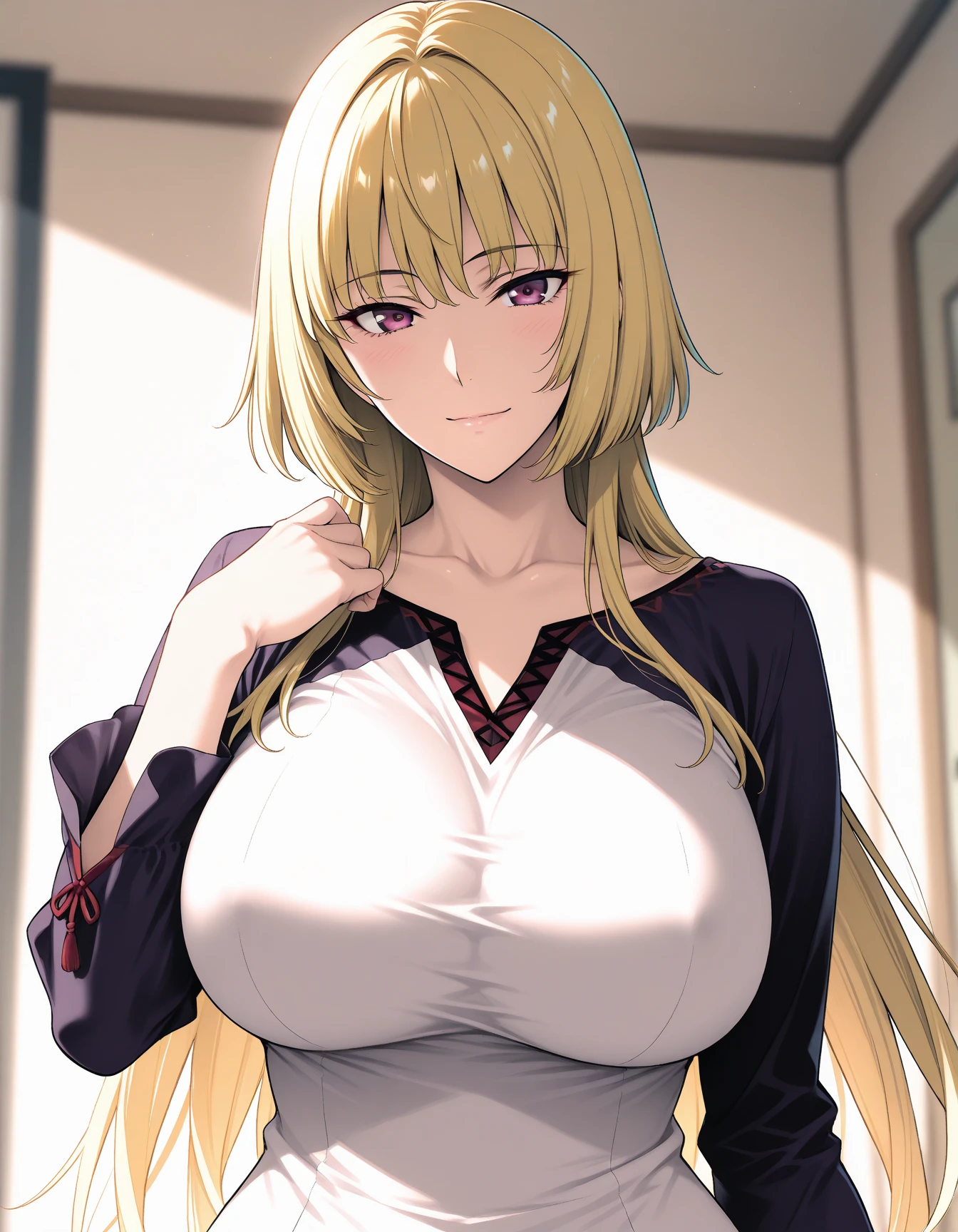 Chica rubia ojos rojos con camisa blanca transparente grandes tetas y voluptuosa sin ropa interior y con perfil para modelo realmente sorprendente posando sexy para la foto 