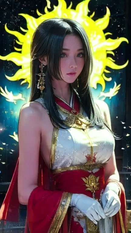 "Child of the Sun, Goddess of Love": Within a sacred sanctuary bathed in sunlight, depict the figure of a sun goddess who governs love, facing forward and emanating divine radiance. She is a , around 3 years old. Zoom in to focus on her face, with a gleaming orb of light in her hands, representing the life-giving power of the sun. Her hair is shimmering gold, and she is wearing a traditional miko outfit as seen in Japanese shrines. The background should be predominantly gold, evoking a sense of divine splendor, with numerous heart-themed objects expressing the beauty of love. The setting is in heaven, enveloped in soft, bright light, where one can find tranquility and peace of mind, free from any trace of anxiety.