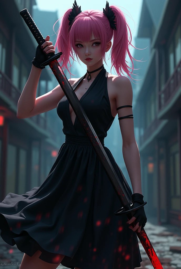 woman holding a daggers, visible belly, short skirt, pinkamena with very long knifes, one girl, evil face, battle pose, full body, one girl, battle style, ninja with long knifes, long knifes, ninja,  pose, pink hair, dynamic pose, long pony tail, mouth Mask, two hand knifes, very short shirt, aggressive, pink cat ears on head, scary, 