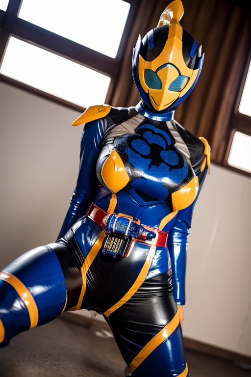 (masutepiece:1.1, Best Quality:1.1, 16 K, High resolution), 1womanl, (Ultra-realistic portrait of yellow power ranger), Ultra-detailed, Illustration, (Sleeveless, raise two hands:1.35, Show me her shaved armpits:1.35, Short hair, purple company costume, Purple Boots, Purple helmet:1.2, Torn leggings:1.15, White Gloves), (Sitting, In a room in an abandoned warehouse, underground, Dark atmosphere:1.2), ((huge-breasted:1.4 huge ????:1.4, Colossal ????:1.4, Tongue out:1.55, long tongue:1.55, Perfect slim body style:1.2)), hyperdetailed face, ultra detailed skin texture,