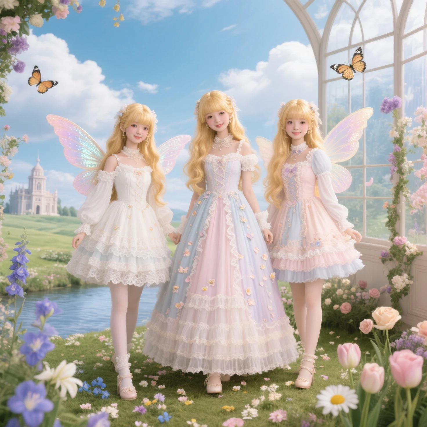 a with long golden hair, sparkling blue eyes in a light blue nightgown.
she is holding hands with a fairy with  fairy wings, blonde hair and pink dress