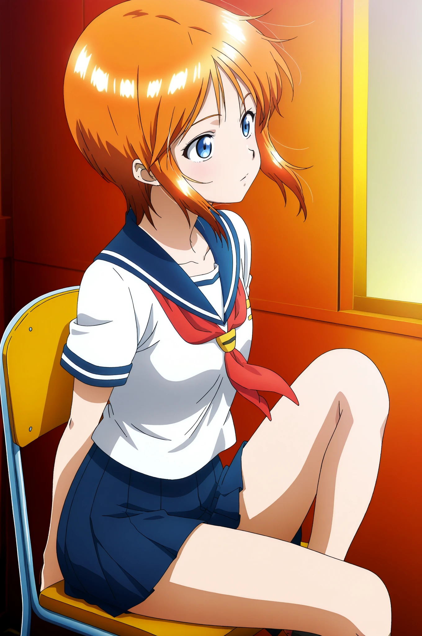 縞々のパンティが見えてる、後ろから(Anime artwork, Anime Style, Studio Anime, Very detailed, Latest, Vibrant, Anime Coloring, High Contrast, masterpiece:1.2, highest quality, Best aesthetics), A woman wearing a sailor suit, Pleated skirt, Medium chest, Thighs glimpsed, Redhead, Side Ponytail, Asymmetrical bangs, Perfect Proportions, Skin with attention to detail, cute, Detailed face, Dance Motion, Poses with action, (Accurate fingertips, Browse 4, Thumb 1),