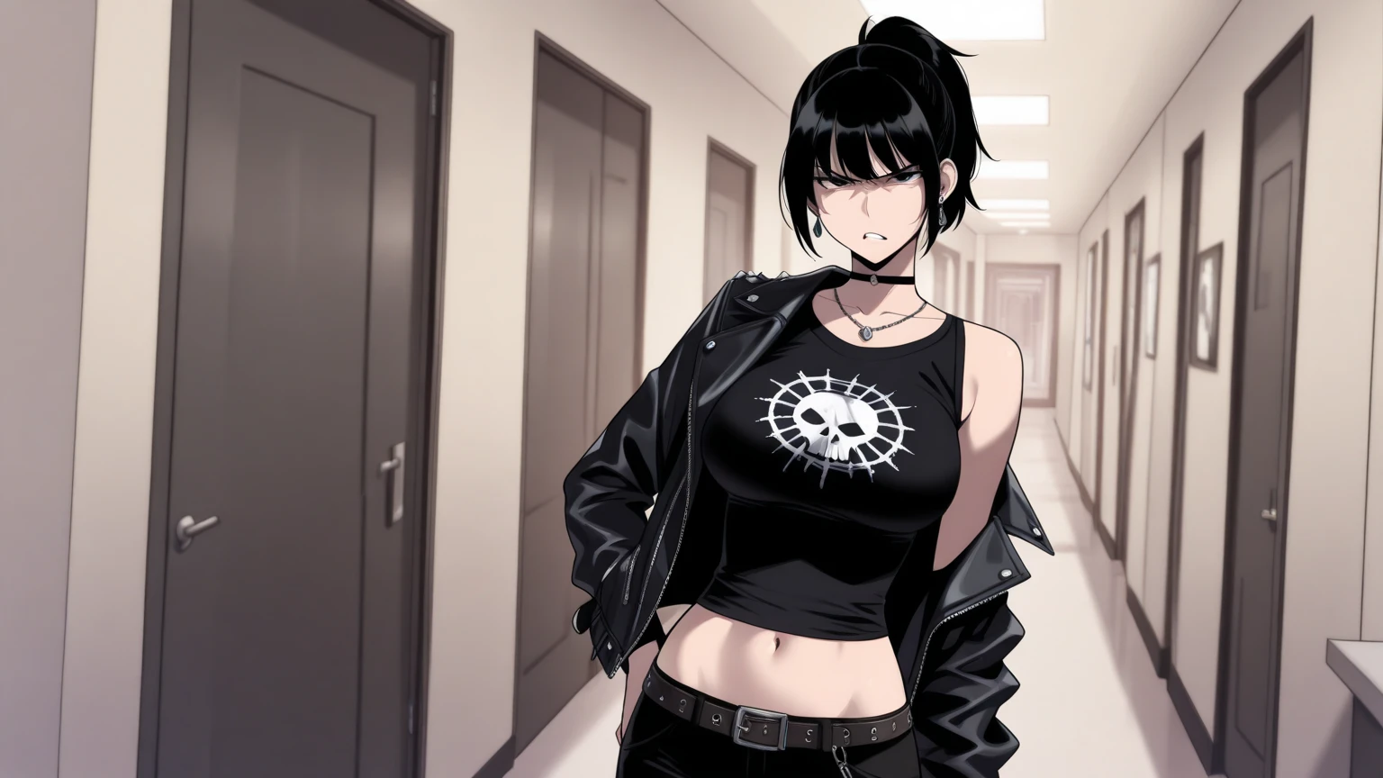 Juri Han,beautiful young warrior , with a very detailed and beautiful face, gorgeous eyes, gorgeous eyes, gorgeous face, beautiful young woman wearing long black leggings with black details, usando leather jacket preta, standing in an office, wearing black boots, horn hair, with black fringe, , sorriso Malignant ,white sweater with strap around, serious look,usando leather jacket preto, leather jacket,staring overhead,yellow lighting,  Malignant,crossed arms
