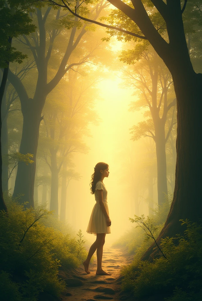Soft sunrise light, the girl standing at the edge of the forest - SeaArt AI