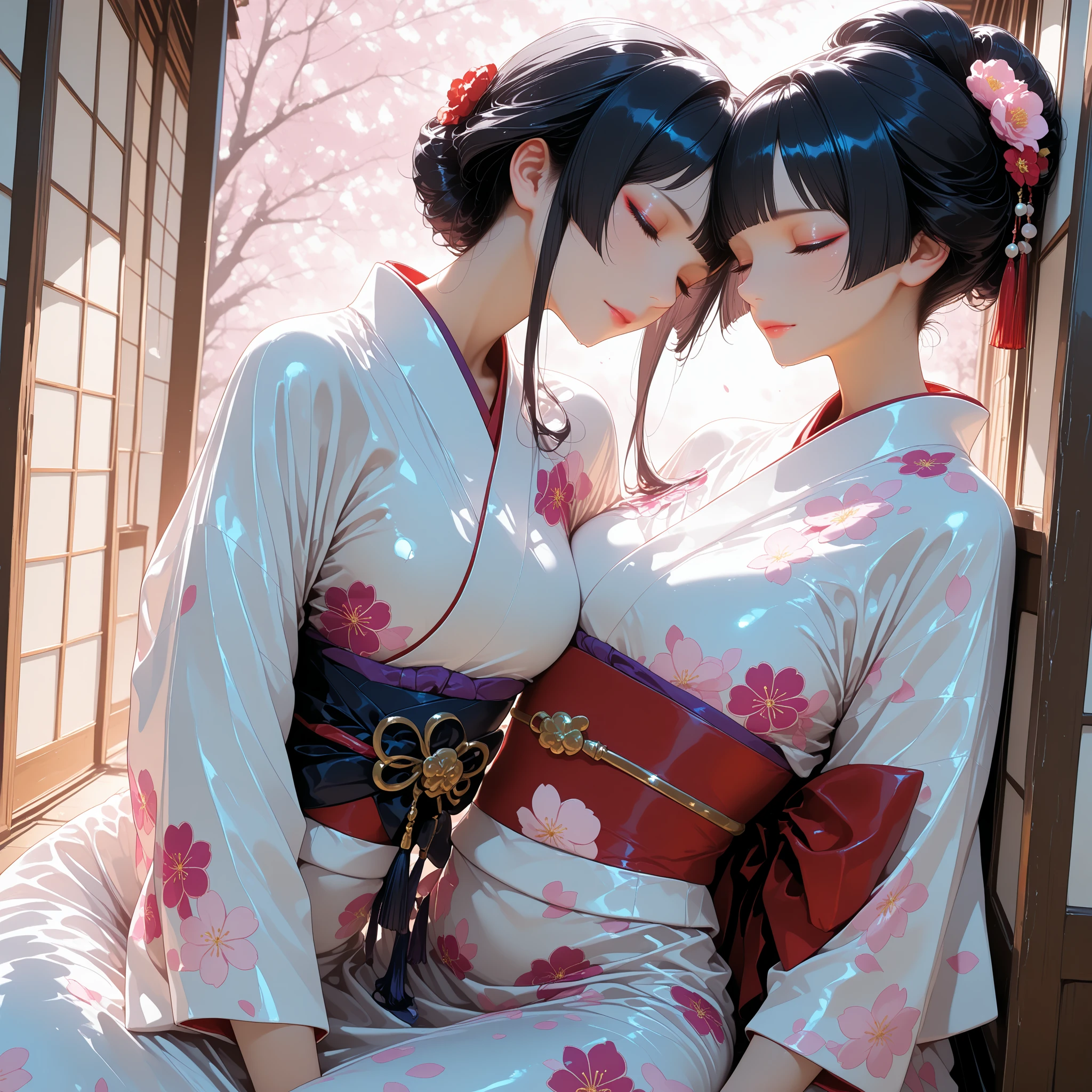 Two women in kimono look like 69 and lick each other's
