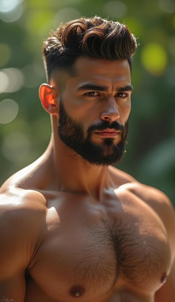 barbado,  man standing in front of a mountain, Super buff y cool, pecho peludo y cuerpo peludo, pecho peludo, Pelo en el pecho, 30 years old man, inspirado en Maluma