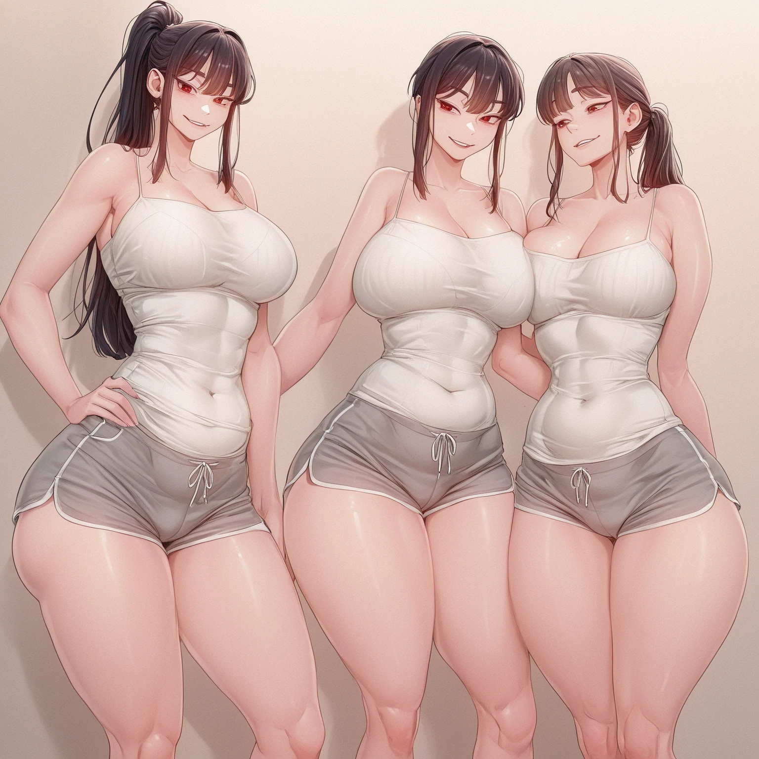 masterpiece, best quality, highres, 3girls, long hair, leggins, fitness, looking at viewer, outdoors, smile, muscular, abs, huge ????, cleavage, big ????, tanned skin, ???????, milf