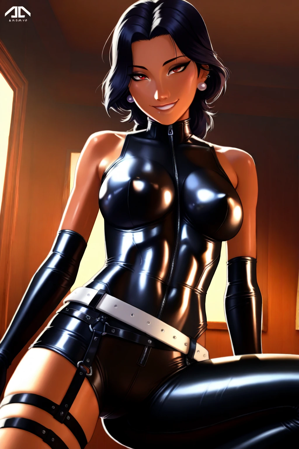 (((Yankee sitting)))、(((Poop sitting)))、(((:1.4)))、(((Wide-でしゃがむ:1.4)))、(((Raise your knees and open your legs in an M shape:1.4 )))、、Queen、、(((One girl)))、(((solo:1.8)))、(((Black  elbow gloves:1.4 )))、(((Black  corset dress:1.4)))、(((The corset dress is decorated with beautiful lace.)))、(((Corset dress with shoulder straps)))、(((Black  tight :1.4)))、(((Black Thigh Boots)))、(((Black fishnet stockings:1.2 )))、(((Stiletto Heel Boots:1.4)))、(((Black  )))、(((Black  )))、(((Red leather collar)))、(((Sexy pose:1.4 )))、Wide-:1.2、((()))、(((Cowboy Shot)))、Upper body close-up、masterpiece、Highest quality、alone、Laraa、One Girl、Indian、Hair tied on both sides、Hair Bun、Perfect  balance based on 、Two perfect anatomical arms、Two perfect anatomical legs、Perfect 4 fingers and 1 thumb、Detailed face、Detailed eyes、Dark blue hair、Forehead mark、Green Eyes、Brown Skin、Staring at the audience、looking at the camera、Wicked Smile、blush:1.2