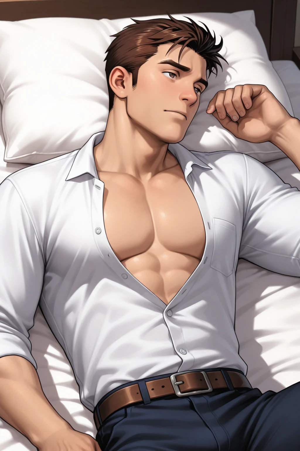 handsome man, masculine face, face detailed, muscular, Jujutsu Kaisen Yuji Itadori, dark pink hair, lying on a bed, bottom-up view, just wearing tight boxer shorts, protuberance,