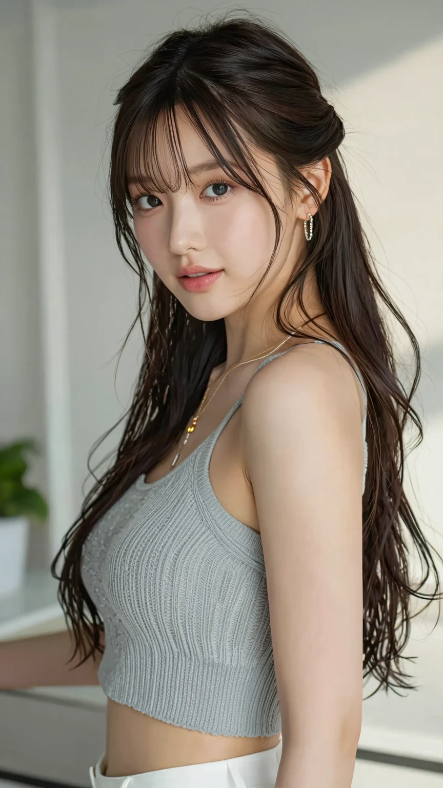 （lifelike， high - resolution：1.3）， 1 girl with a perfect body， Super fine face and eyes，slong hair， Tank top of random colors：1.3， short skirt， big boob，Expose cleavage, Skin texture is natural.