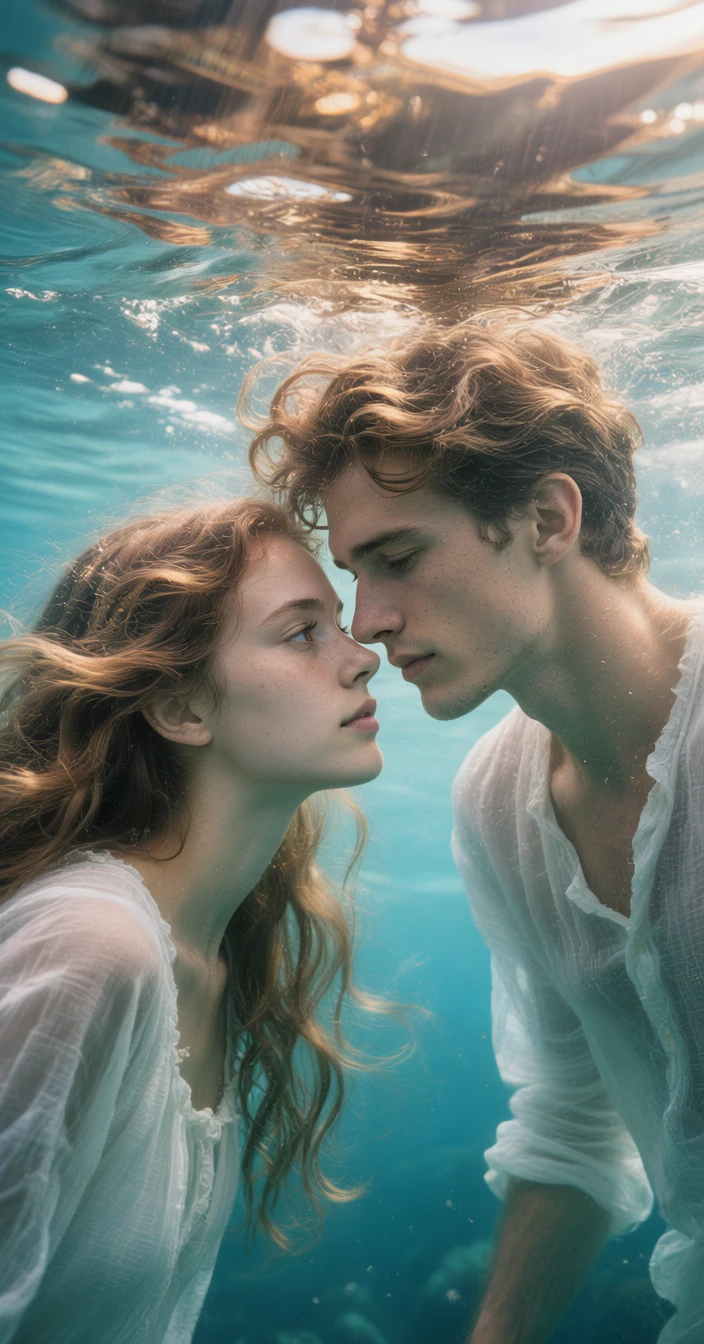 a young white man, a young white female, beautiful detailed eyes, beautiful detailed lips, floating hair, swimming underwater, underground cavern river, glowing vegetation, photorealistic, 8k, hyperrealistic, cinematic lighting, dramatic shadows, surreal, ethereal, dreamlike, fantasy, vibrant colors