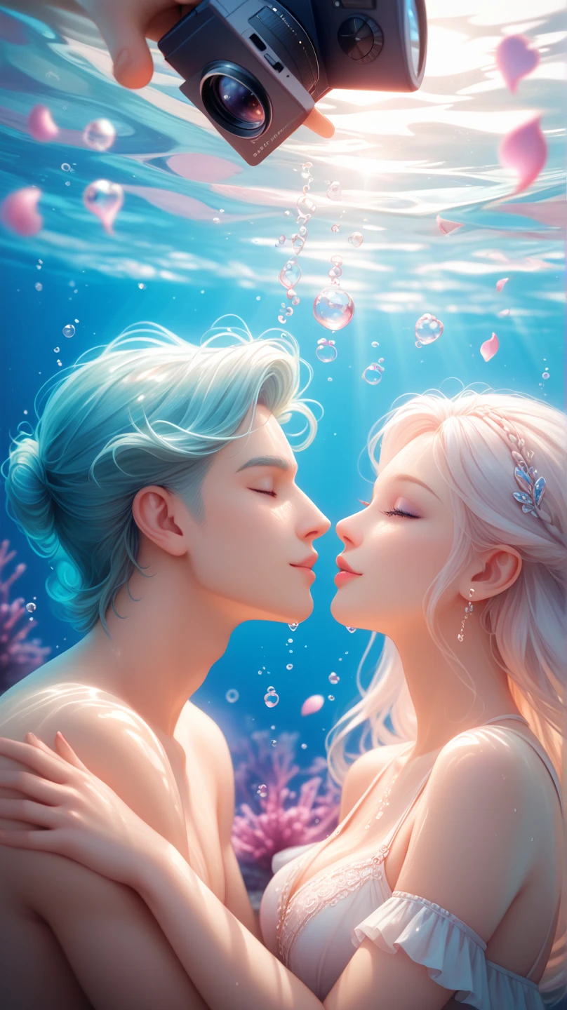 Abstract colorful underwater ink art of kissing man and woman, natural color skin, rainbow hair, romantic lighting, award winning underwater ink art by alberto seveso --auto --s2
