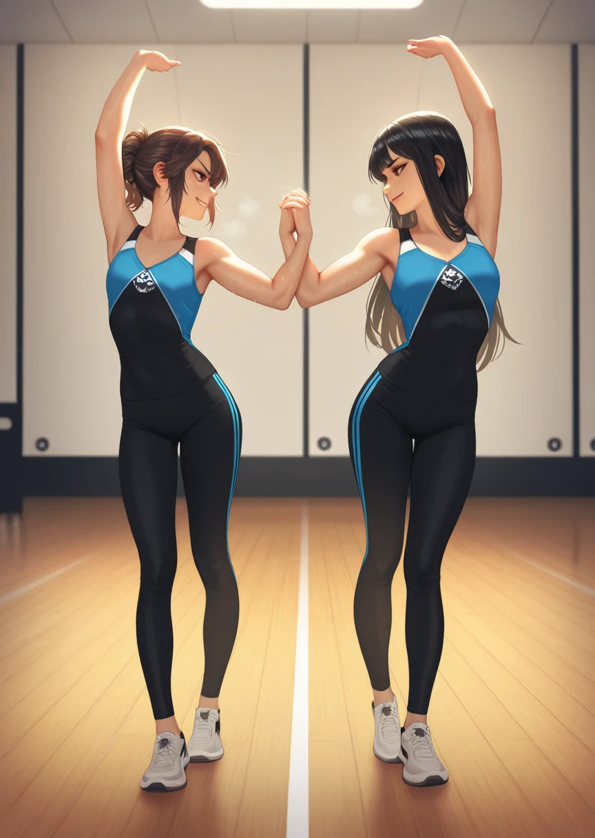 highquality illustration, masterpiece, very delicate and beautiful, attractive girl,(colorful leotard, heattech leotard,tight leotard,long_sleeve leotard,ribbed leotard,high_leg leotard,turtleneck leotard), thin,slender body,slim,gymnastics club,2 girls,gymnastics athlete,bare legs,gymnasium background,beautiful eyes, light smile,(masterpiece, best quality:1.2), highres, extremely detailed CG unity 8k wallpaper, perfect lighting, Colourful, ultra-high res,4K,ultra-detailed, photography, 8K, HDR,  17 ages, 