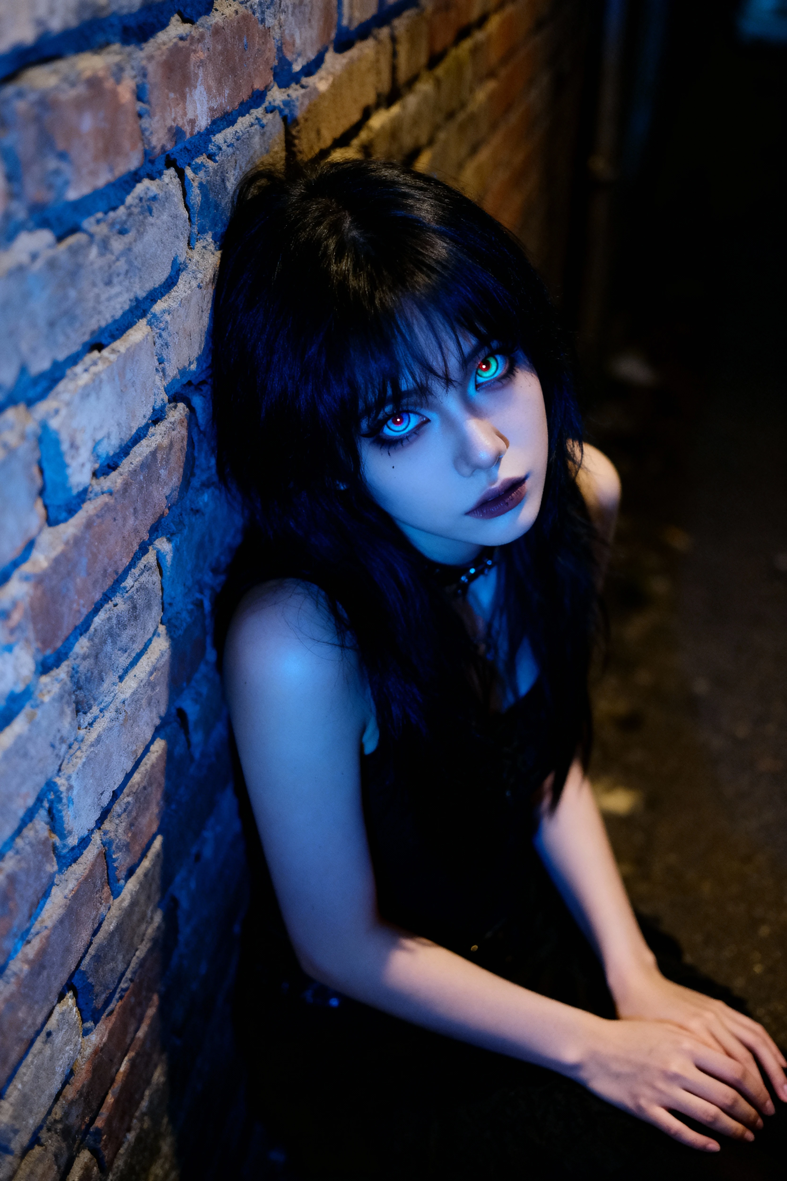 film photography, vintage, fashion shoot of beautiful 90s female horror monster with big fangs, blue dark background
