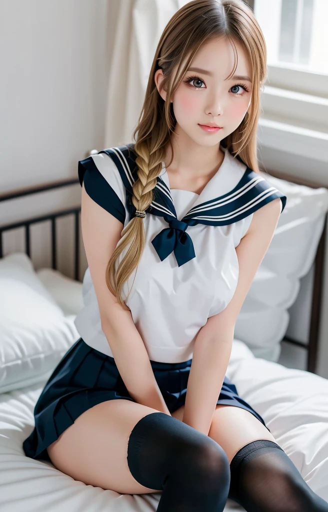 Her legs are spread wide and her too-small white cotton panties are visible.、Her white panties made of lace material are visible.、A beautiful young girl with blonde twin tails wearing a sailor suit is leaning on a fluffy white sofa, lifting her white blouse to reveal a white bra, and opening her legs and lifting her skirt to reveal white lace panties., a blond, Photos of very beautiful Nordic-born girls,　12years, Blonde hair ,Seductive ????????? pose, 4k, top-quality, hight resolution:1.1), Drawing so that the ?????? cloth of the white ????????? is visible, tiny panties, white panties made of lace material 、Blue plaid skirt, Red plaid skirt, high school student uniform、 a sailor suit, Cleavage visible from the blouse, The clothes are fluffy, bed room, class room, dining room, tiny ?????、 Under hair is transparent、 ??????? are see-through, Wet panties , Angle from your feet, The bra is sheer、 Clothes are see- through、 White panties with ribbon