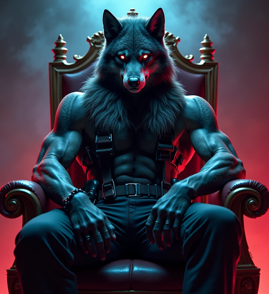 Handsome muscular furry black Wolf red êtes white  white ABS white inner thighs red  bulge silver necklace ans bracelet. Sitting in throne. Kiss male human male  hair lick . sitting on thigh