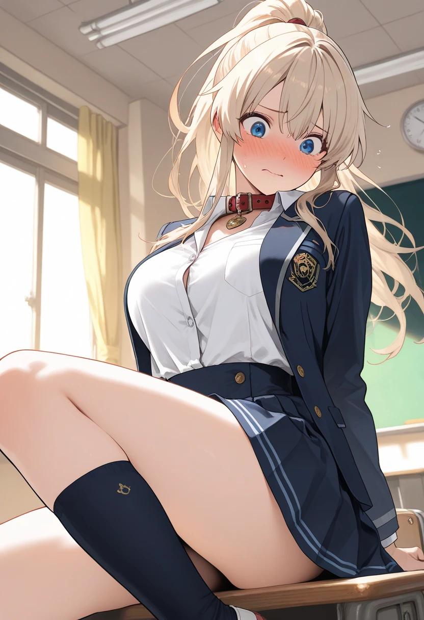 Highest quality、Highest１People Girl,high quality,Aget used to ited face、A get used to ited eye、get used to it nose、get used to it mouth、 beautiful expression, ((Masseter muscle part)), ((High resolution)), ((Highest quality)), get used to it, (:1.554 ,excited face,I'm very happy,), ((Skin shiny with sweat)), (school uniform、loose socks)、 with a girl, blonde, (side tail hair)、Sit on the desk and spread your legs.:1.3、pure white skin:1.3, cinematic lighting, completely in the shade,(((classroom))), Realistic lighting with shades,show your whole body、beautiful female 、Thread coming out of female 、No 、、not wearing 、perfect limbs,big breasts