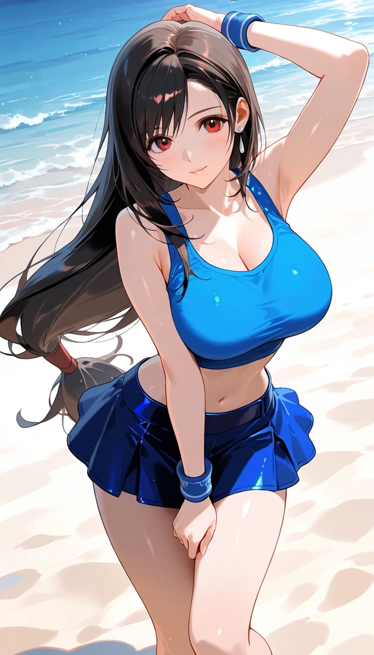 masterpiece, best quality, beautiful art, high resolution, well formed hands, body and fingers, 1 woman, solo, Minamoto no raikou adult, big breasted, cleavage, hair ornament, wearing a Tyris Flare outfit, full body, sexy and  bikini, gorgeous legs and thighs , fighting in a combat match, showing her fighting skills, making her guard, about to hit the viewer, looking at the viewer, sweating, bouncing breasts, smiling joyfully and brightly, being confident and proud, action and fighting scene, martial arts arena with beach environment 