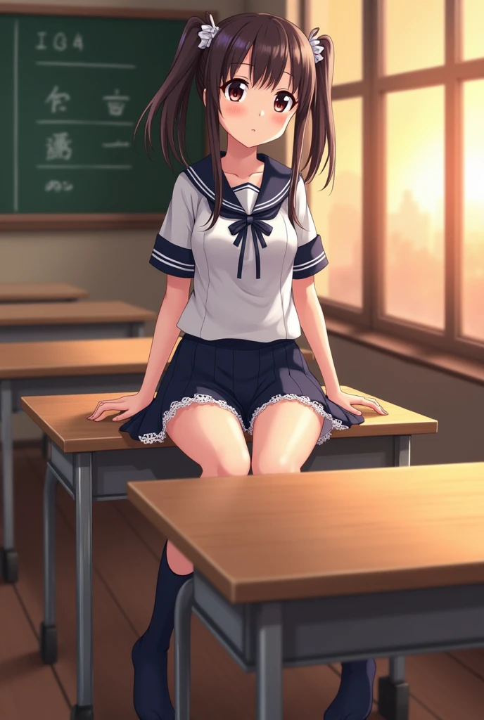 ????,alone, (One girl), Junior high school girl,single, (wearing only the top half of sailor school uniform), Sailor with un-folded hems,  ????, (Cowboy Shot),  ((Put your arms behind your head)), classroom, With a girl：Her hair is long and black, Her face is round and cute, Black Hair, Low twin tails,(Shy, Embarrassing),(Sit on a chair)、Spread your legs、((White panties)),M-shaped legs、(????? ????????:1.0)、