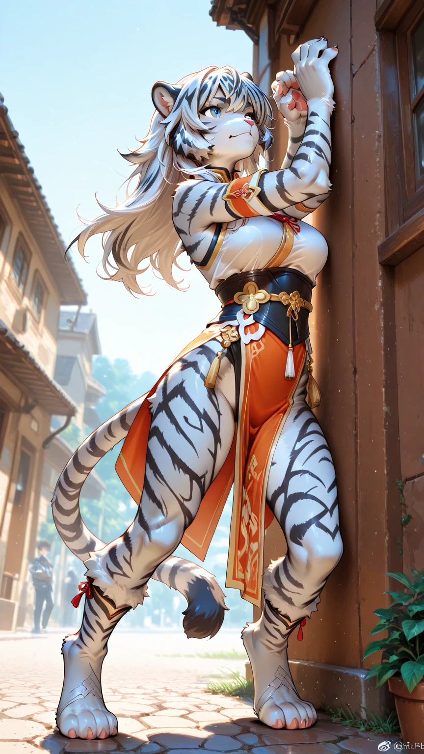 ((Masterpiece, plain background,1:2, masterpiece)) full body standing yellow tiger print stockings, hands on waist, navel, (Vladilena Milize) (grey eyes:1.5), grey hair, hair between eyes, long hair