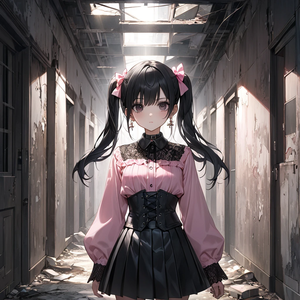 Tohsaka Rin, Volumetric lighting, Best Shadow, Shallow depth of field, Stunningly beautiful girl portrait, A delicate, beautiful and attractive face with captivating piercing blue eyes, Sharp eyebrows, Enjoy the view, A kind smile, Mouth closed, Nice medium sized , Layered Long Black Two Side Up Hair, Hair Ribbon, Blush Eyeshadow, Thick eyelashes, Red turtleneck shirt with cross, Narrow waist, Black short pleated skirt, Thigh Gap, Black thigh-high stockings, Late Afternoon, Sunlight streaming through the window, Floating dust particles, Corridor of an abandoned school, Rubble pile、machine、Broken chair, Looking out the window, Are standing, (Highest quality, Amazing details:1.25), (alone:1.3), brightly colored paintings，(Lace )，
