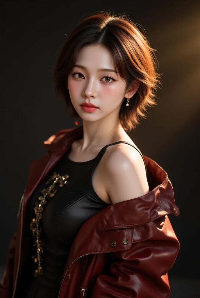 photorealistic Realism 16K Quality, (Ultra high resolution absurd quality, extremely detailed details, realistic eyes, clearly sharp, absurd quality, no blur perfect eyes), ([eye|long(lashes)|perfect(eyeshadows)]:[brown|blue|pink]),  ((perfect dark_eyeshadows:1.25)), (super Detailed, beautiful little nose:1.2), (perfect composition), Depth of field, cinematic light, Lens flare, (extremely beautiful face, beautiful lips , Beautiful eyes), Intricate detail face, ((Ultra detailed skin)), best high quality real texture skin, (A woman with velvety skin:1.3), ((best high quality real texture hair)), (short blonde hair, (wavy, combed up, behind the ear), extremely detailed)), photo of the most beautiful artwork in the world, professional majestic (photography by Steve McCurry), 8k uhd, dslr, soft lighting, high quality, Fujifilm XT3 sharp focus, f 5.6, dramatic, (Anatomically correct), (perfect proportions), ((perfect hands:1.2)), ((perfect female body:1.4)), cute girl, ((firm and full breasts)), ((super beautiful cute sharp-face)), (light pale complexion), ((super extravagant white Jacket wear:1.42) intricate details:1.25),(small head: 1.3), ((Beautiful girl with long legs and good style:1.2)),(dynamic pose:1.2),((Lively,Active,vivaciousness)),((no_Pantise)), ((silk pleated red skirt (tiny skirt:1.25), no_ ,curvy)), (((close to her face:1.33)))