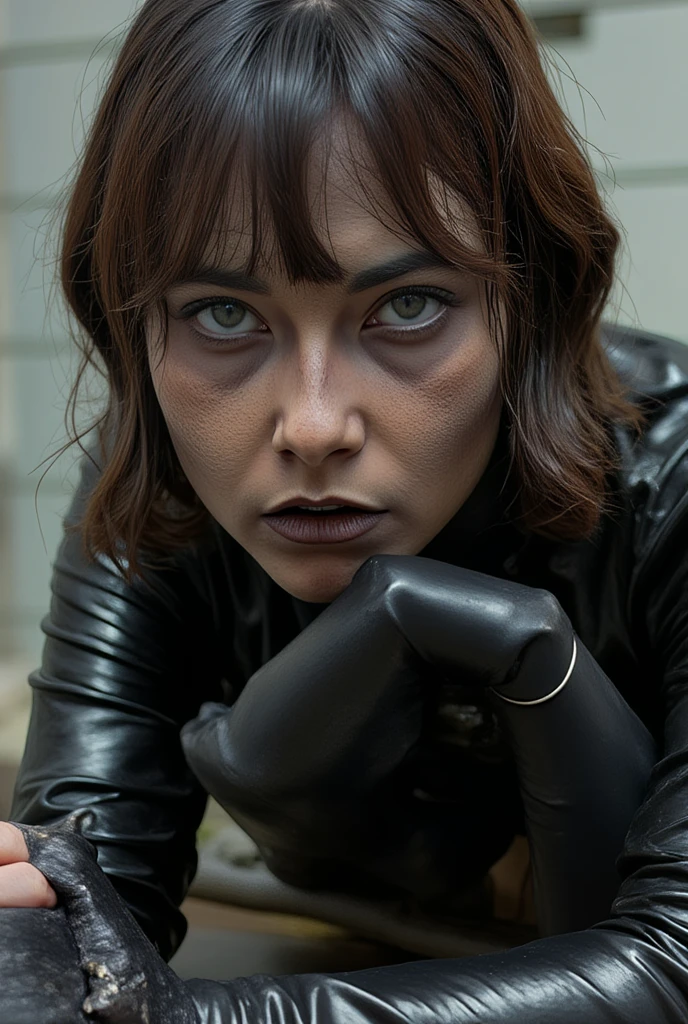 betty page eyes closed looking girl with  black leather coat  gloves and a skirt on the endge of a montain , ((giving a  to a man)) ((doing  with a man))and the photo is taken from the viewer 4k, 8k iperdetailed