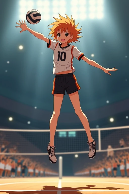 MikMikey,1st grade, male, Foco masculino,blonde hair,medium hair,olhos negros,olhos vazios, corpo inteiro,smile, (volleyball uniform: 1.2), rear view, shows ass, butt 