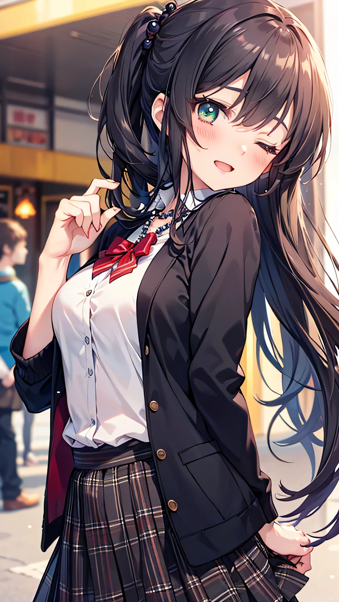 masterpiece, best quality, full body, 1girl, bangs, black choker, black necktie, black hair, blue skirt, blush, bracelet, breasts, choker, clothes around waist, collarbone, collared shirt, cowboy shot, dress shirt, ear piercing, eyebrows visible through hair, gradient hair, grin, gyaru, jewelry, kogal, long hair, looking at viewer, loose necktie, necktie, piercing, plaid, plaid skirt, pleated skirt, red eyes, ring, school uniform, shirt, skirt, smile, solo, white shirt, street, sky, cherry blossoms, petals,illustration, (magazine:1.3), (cover-style:1.3), fashionable, woman, vibrant, outfit, posing, front, colorful, dynamic, background, elements, confident, expression, holding, statement, accessory, majestic, coiled, around, touch, scene, text, cover, bold, attention-grabbing, title, stylish, font, catchy, headline, larger, striking, modern, trendy, focus, fashion,