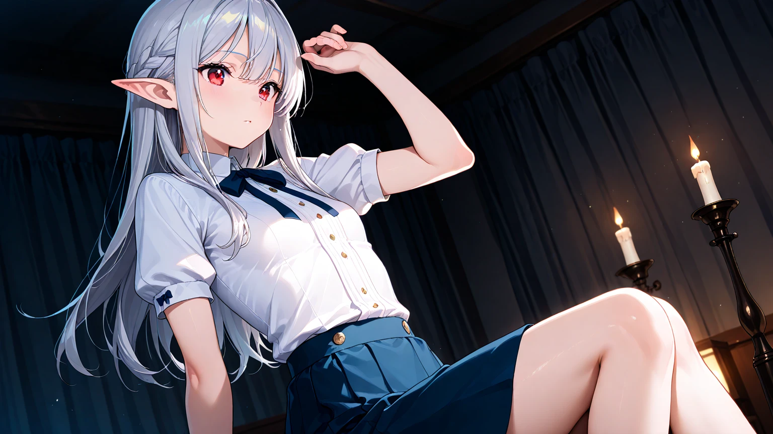 BREAK Perfect 、Highest quality、(cute:1.1)、(cute)、(High resolution:1.2)、Unbelievably absurd:1.3、Incredible illustrations、(cuteイラスト:1.2)、,（Beautiful background、Night Classroom、）、1gial(Silver Hair、Straight Hair、Bobcut、9 years old female,height 1.2meters, slim 25kg,(flat chest、Dark Skin:1.6,Red Eyes)(chain,,(restrained,))(  preparation:1.2upright straddle),(public ,）、(breathless,trembling,vulgarity),:1.2,How(,),How in ass,(1fat boy), ,（school uniform,garter belt）（multiple views）