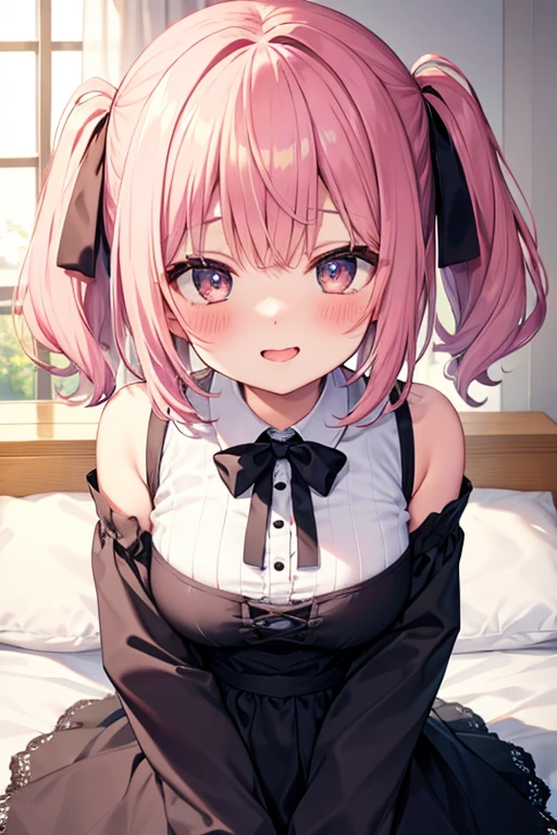 mastute piece,Best Quality,insanely detailed,8k cg,
shoot upper body,
1woman,18age,standing,body in front,looking at viewer,(-maid),break,
blush,shy,(trembling:1.2),pink hair,break,open mouth,large ,bed room,