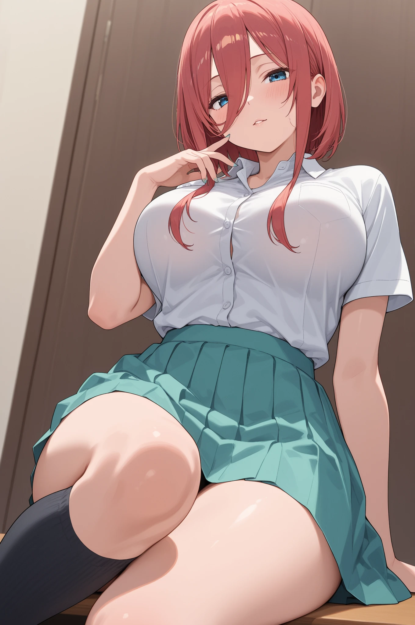 1girl in, Orange hair, Gray eyes, BREAK skirt, Shirt, cleavage, Jewelry, School uniform, Pleated skirt, Necklace, chain, Collar, Short sleeves, grey skirt, White shirt, thighs thighs thighs thighs,  Detailed face and eyes, masutepiece, Best Quality, 4K, nffsw,Smile、(Skirt lift:1.3), (white  panties:1.3)、(Skirt that rolls up:1.3)、(Fully exposed panties:1.5)、plein air、outside of house、