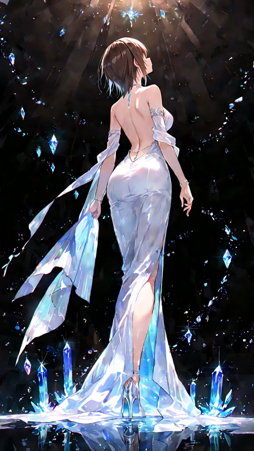 There are gold patterns on the clothes, There are shining light bars on the clothes， arms,  palms, Sleeveless shirt, Full body,1 girl,Wear a Space opera style costumes, pale skin,A simple evening dress with a sci-fi feel, white plastic, diffuse lighting, divine goddess, fantasy, no helmet,absurdres,dune,mass,(masterpiece:1.4), ultra-detailed, 1girl, stand up,2023 fashion,