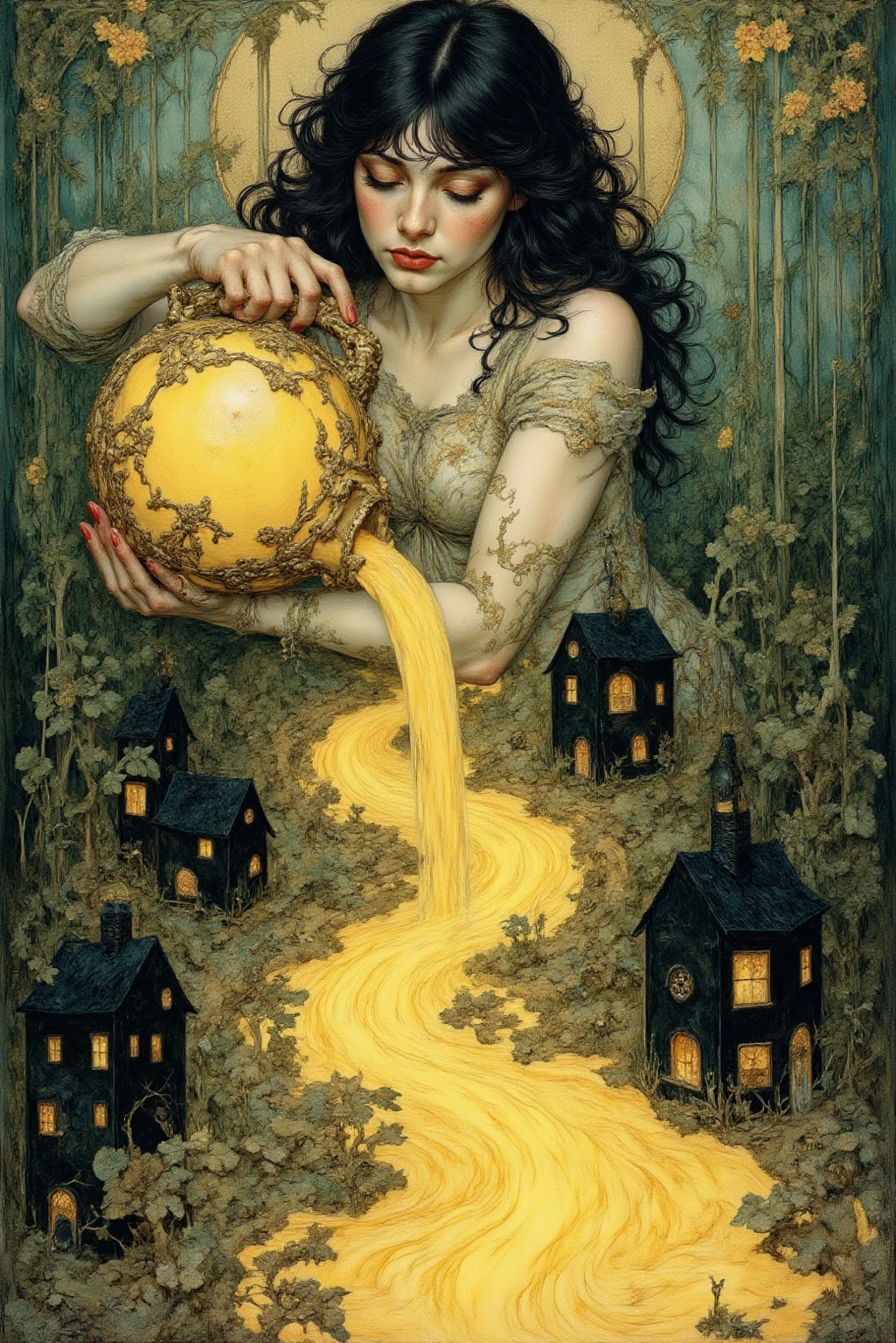 nine large gold coins on the ground of a lush garden among plants and flowers (Dave Mckean inspired art, intricate details, oil painting) 
