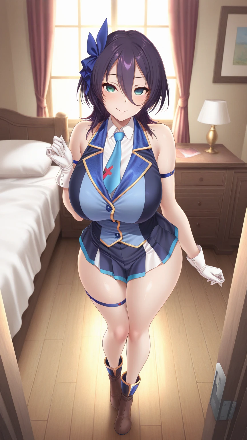 (((Pixel Perfect, Perfect in every detail,nsfw,,clothes lift,large breasts,arouse,dpubic hair,1 girl))), alone, One girl, Ruka Sarashina, Blue Ribbon, big , (Lingerie Set), View your viewers, In the room, sitting