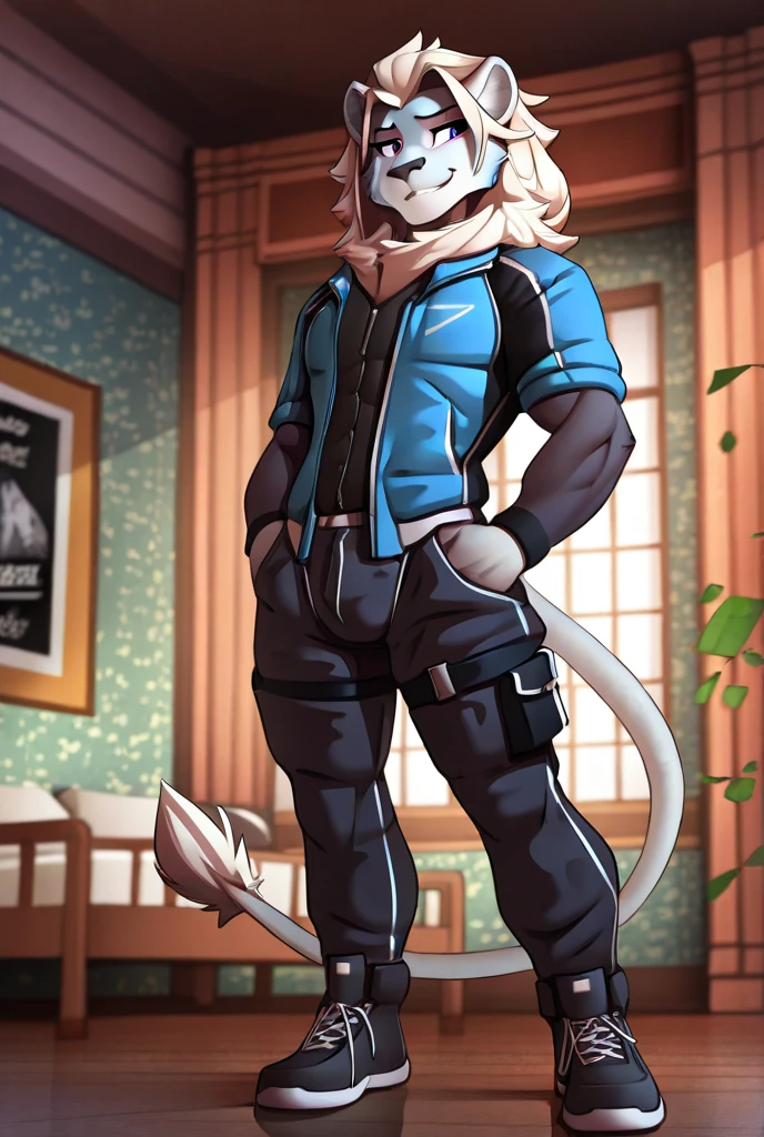 owen lorelei, muscular male, purple eyes, smile, (pose:1.3), (posing:1.3), (soft shading), 4k, hi res, ((detailed face(mad), detailed)), (full body), by zackarry911, by zaush, (by personalami:0.5), jacket, brown jacket, white sleeves, , , big long (harden),((5 inch long)),((25 inch wide)), big ,POV