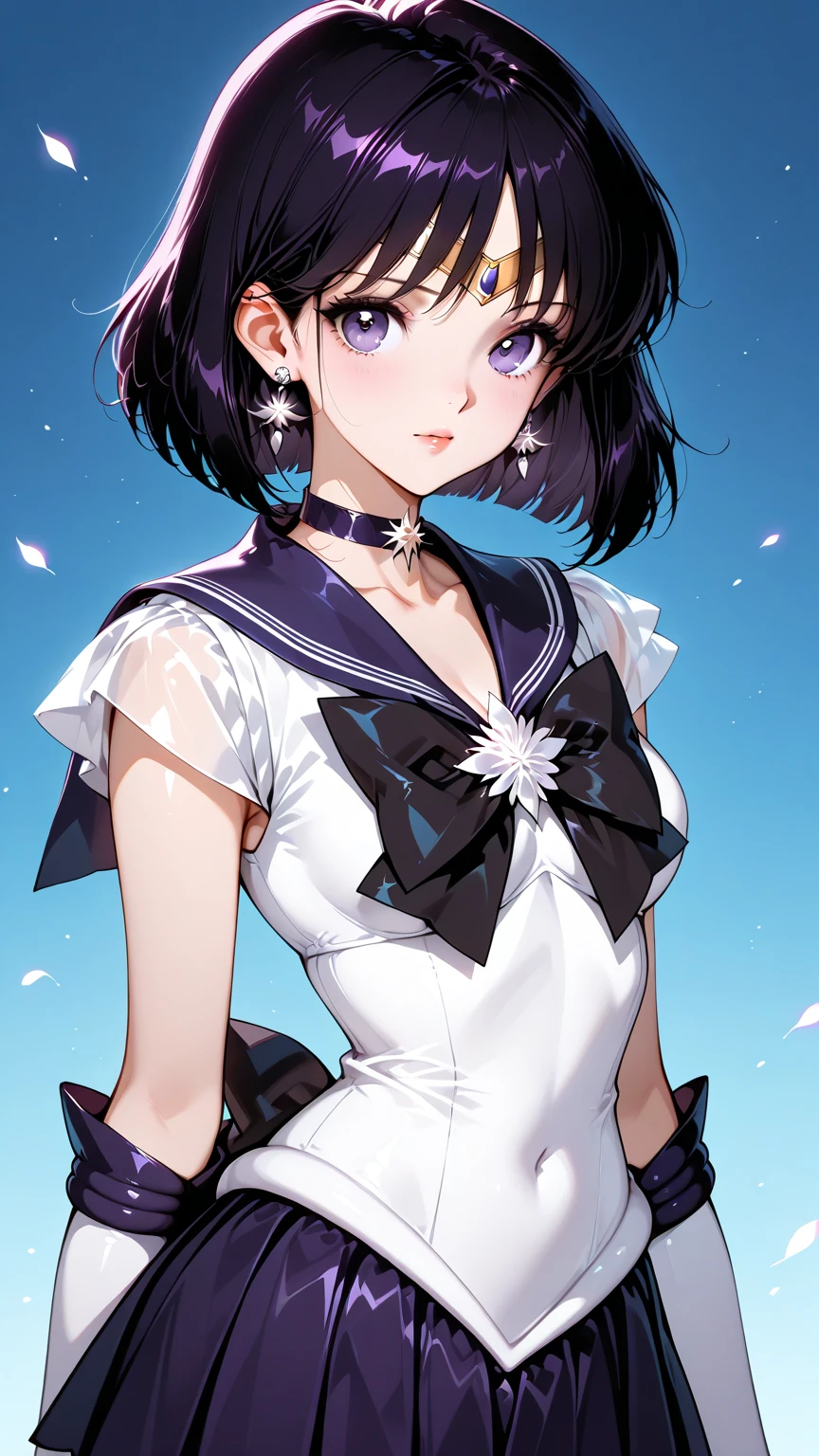 (masterpiece:1.2, best quality:1.2), ((shiratama)), R15, highres, (extremely detailed), (intricate), (beautiful dentaled glow:1.2), sunset, gradient sky, space, cinematic lighting, (pixiv), 1girl, (8k, HD, portrait, cowboy shot, anime, 4k, novel illumination), soft outline, (perfect quality:1.2), bangs
BREAK (tomoe hotaru, sailor saturn), purple eyes, purple hair, short hair, 
BREAK back bow, purple bow, purple choker, purple sailor collar, purple skirt, bow, choker, earring, tiara, white gloves, jewelry, magical girl, large breast, collarbone, (white leotard), , sailor collar, sailor senshi uniform, boots, (sleeveless), (), (:1.2), (steaming body:1.2), ( shoulders,  hip, thighs, covered navel, knee boots)
BREAK (perfect anomary, perfect hand), (perfect cute face:1.4), (perfect clothes, perfect body), night, (sky:1.2), heavy breathing, (:o, (in front), outdoor, energy, battle, NFSW)