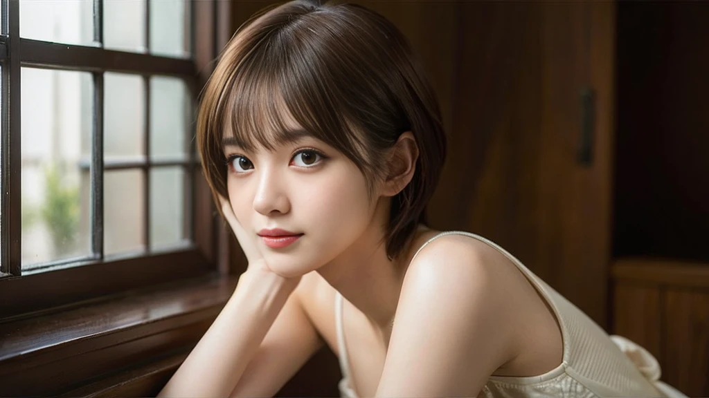 Upper Body、Beauty、Well-formed face、20-year-old、Uniform eyes、Small face、, light brown hair, hair over shoulder, parted bangs, straight hair, expressive hair, shiny hair, earrings,  smile, Upper body 、Small , Surrealism, cinematic lighting, first-person view, pov, f/1.2, Nikon, depth of field, cowboy shot, UHD, textured skin, best quality, highres, 8k