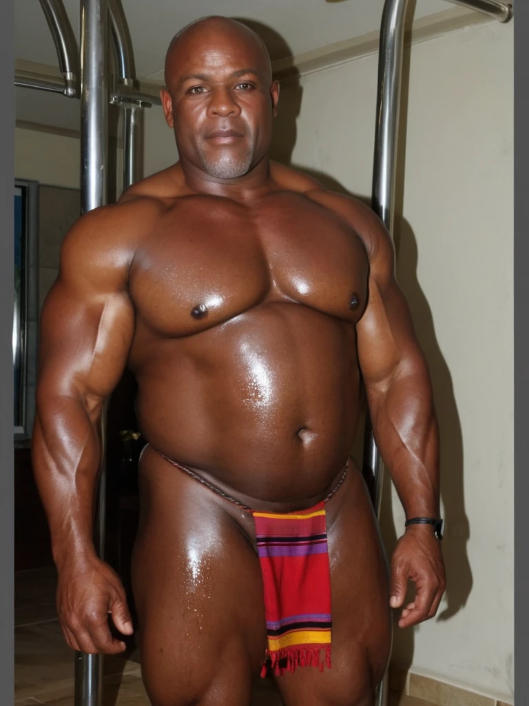  A shirtless full length African American fat bodybuilder with a very oiled body smiling sweaty old man with shaved head with big gray mustaches extremely muscular and extremely fat over 70 years old weighing over 600 pounds very muscular very hairy big pecs with gynecomastia  dark women in front of a white wall wearing black leather panties and a leather torso harness 