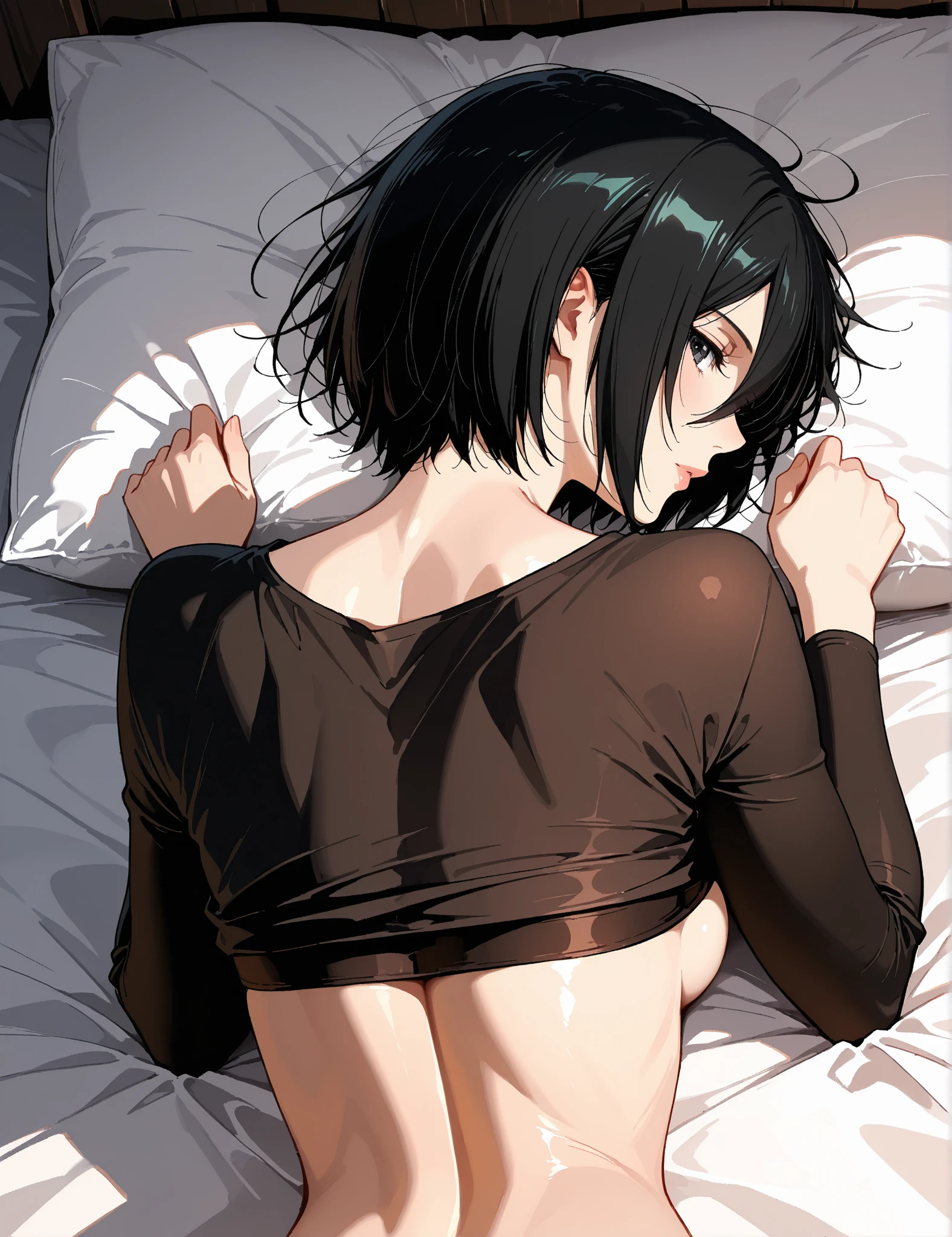 sweat, fog,Stuffy armpits,((Lie on back)),arms up behind, drunken eyes, embarrassed,  smile, On the bed,   Open your mouth,
(back shot:1.5),((hip focus)), 
,(completely ), My whole body is wet,heavy breathing, (Stuffy armpits:1.2), 

