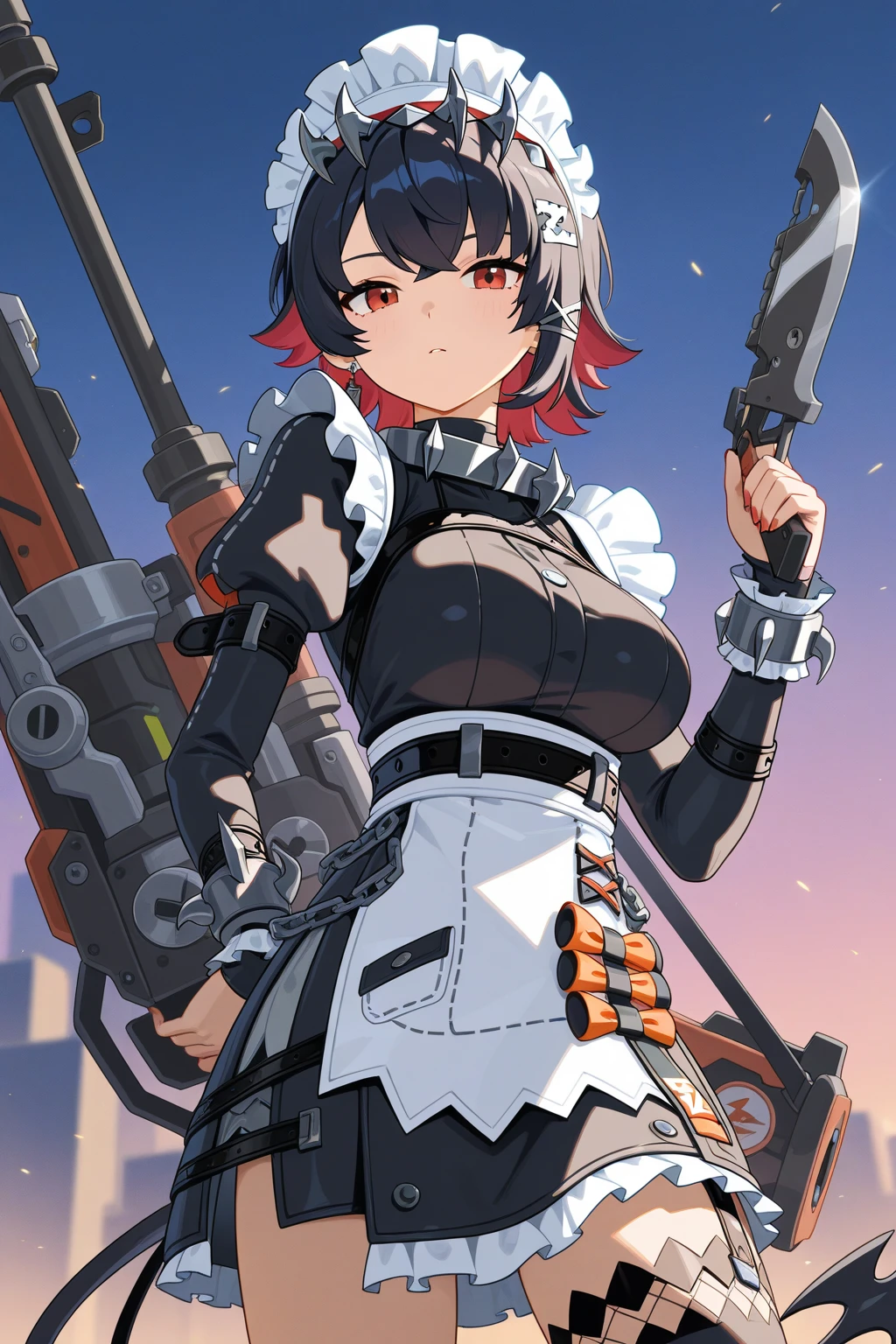 (masterpiece, best quality:1.2), red glowing eyes, red eyes, the eyes are red, perfect face, , strong make up, highres, 1 girl, solo, ultra long ponytail, (female:1.5), strife, blonde hair, shoulder armor, sleeveless turtleneck, suspenders, belt, gloves, bracer, evil smile, standing, portrait, looking at viewer, giant sword on the back, long leather boots, fullbody shot
