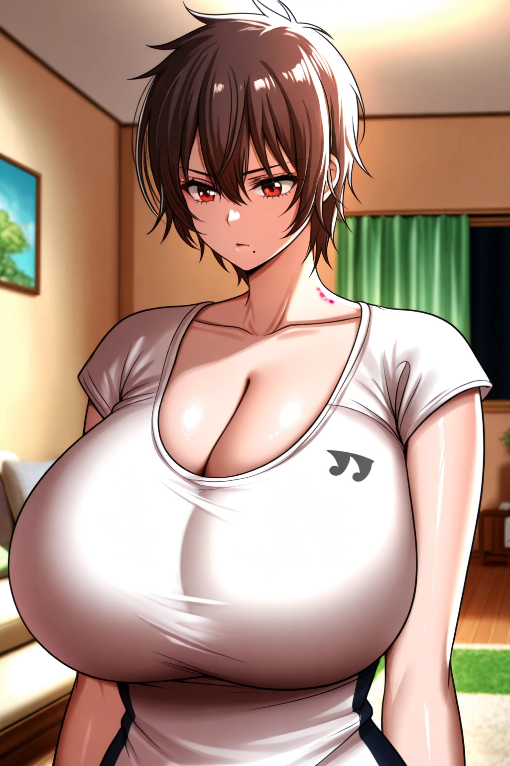 ???? woman, mature milf, ????????????, ?????????????, curvy, voluptuous, completely ????, ????, ?????, ???????, black hair, brown eyes, tomboy pixie cut hairstyle, necklace, earrings, smile, standing, solo focus, leading news, in news studio, big screen in the background, indoors