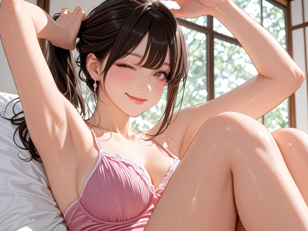 top-quality、Full limbs、complete fingers、1 beautiful woman、beautiful detailed eyes、super detailed skin、sweat、oil、Slender beauty、straight haired、blown hair、french braid、blunt bangs、head tilt、((pink Nurse bikini、covered erectile nipples、very skinny))、cleavage、pink nurse hat、White pantyhose、hospitals、Hospital Room、on Patient bed、(stethoscope)、((((vulgarity))))、spoken heart、（light dark skin：1.4）、(armpit focus:1.5)、(armpit [crease:1.4]:1.3),(perfect hands and finger:1.8)