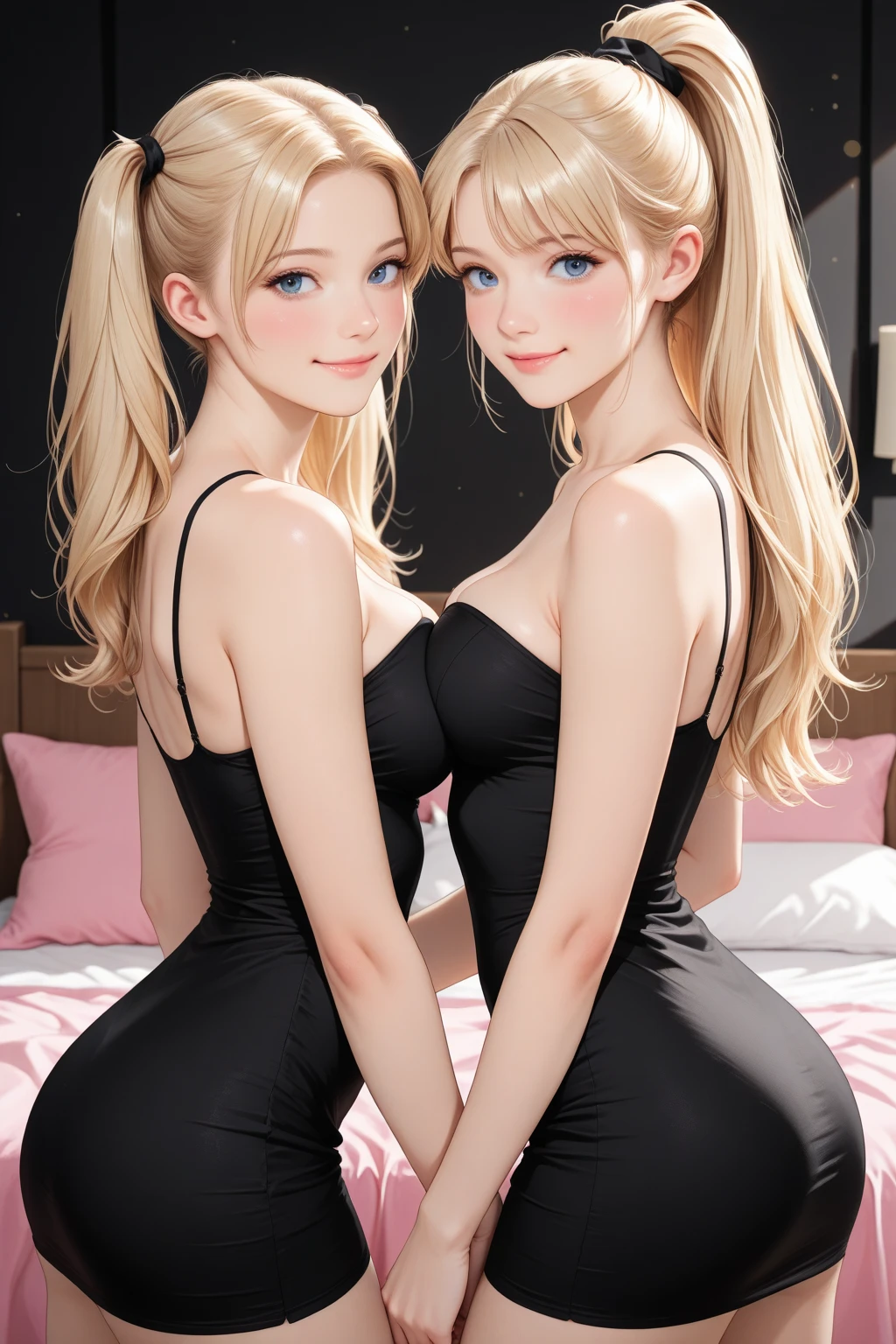 1only girl, smile, ((long blonde hair, Between dates.)), low-cut black cropped, ((cleavage is visible.)), ??????????????, thick and defined thighs, black leggings, sarcastic, shy, blushing, (( Clear Skin))