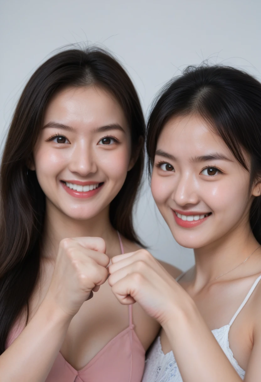 2heads, Extra arms, a woman posing for a picture, blue bra, curvy arms, incredibly beautiful, strong pose, very beautiful, arms to the side, 4 arms and 2 legs!, curvy arms, multiple arms, armpits fused to shoulders, normal hands, slender body, identical faces, chinese
